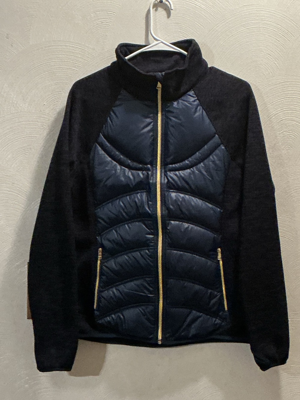 London Fog Women's Navy Mixed Media Mid-Weight Jacket with Gold Zippers. Size S.